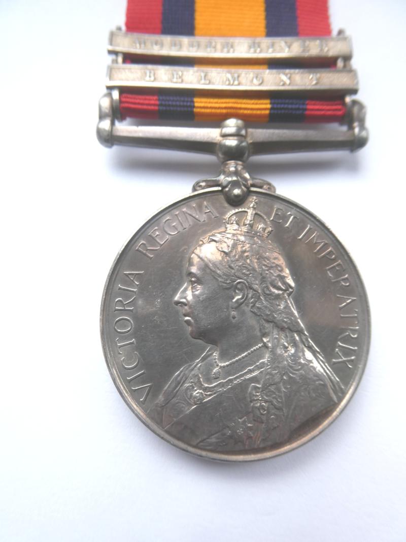 QUEENS SOUTH AFRICA MEDAL-CLASPS BELMONT AND MODDER RIVER-TO GUNNER BURST-ROYAL FIELD ARTILLERY