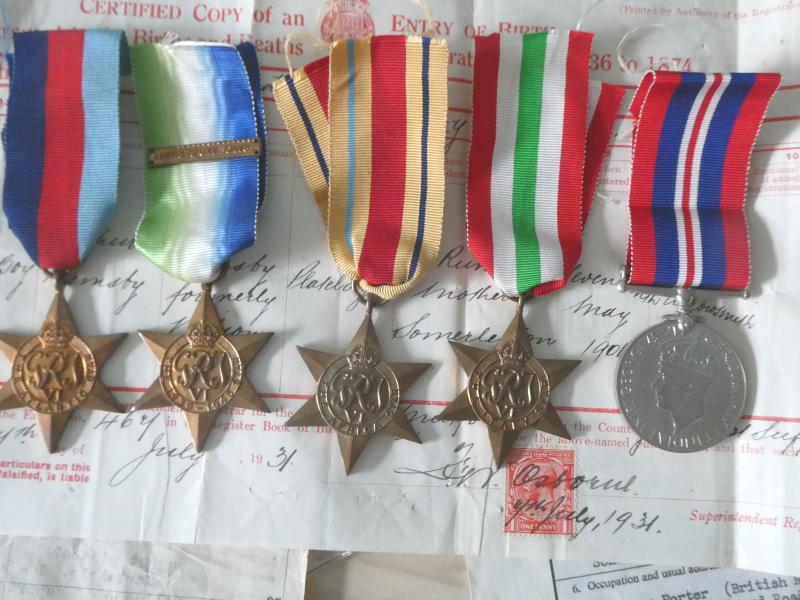 LONG SERVICE NAVAL GROUP OF 7 TO LEADING TELEGRAPHER RUMSBY-H.M.S. ROYAL OAK ON HIS LONG SERVICE MEDAL-FROM SOMERLEYTON SUFFOLK